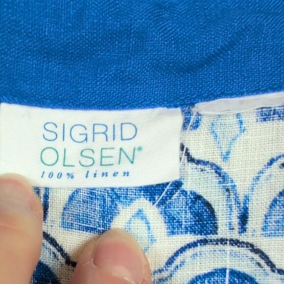 Sigrid Olsen Linen Popover 3/4 Length Sleeve Blouse Top Size XL Amalfi Blue - Picture 2 of 8